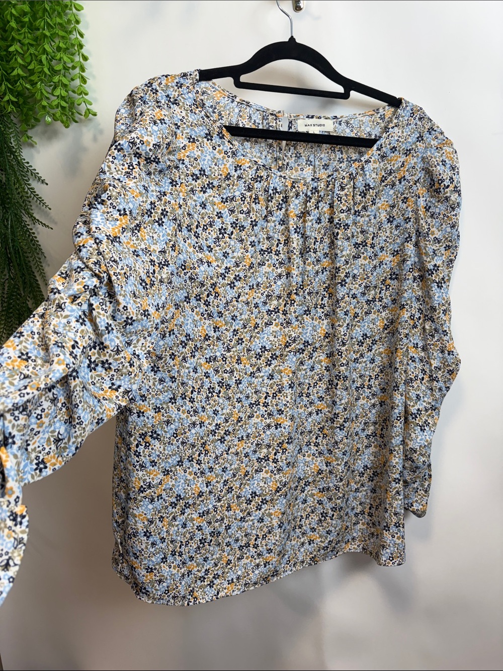 Max Studio Light Blue and Mustard Floral Peasant Blouse